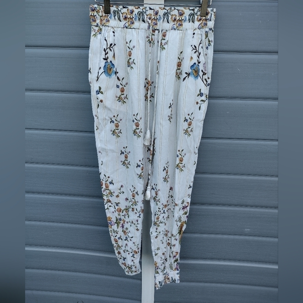 Hemant & Nandita Womens Floral Print Harem Jogger Pants Tassel Small BOHO